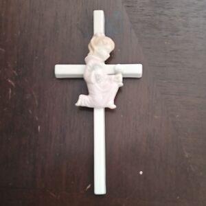 Ceramic Cross with Praying Child Figurine